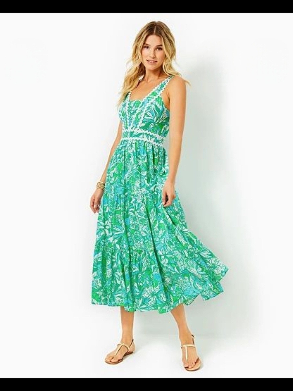 Lilly Pulitzer Turquoise Green Floral Midi Dress with White Trim